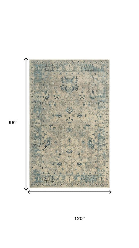 8' X 10' Beige Blue And Ivory Wool Oriental Hand Carved Handmade Area Rug