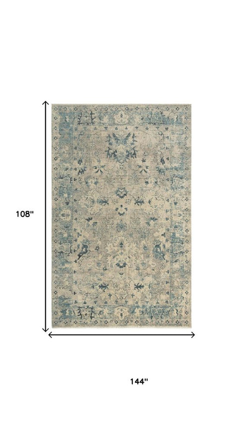 9' X 12' Beige Blue And Ivory Wool Oriental Hand Carved Handmade Area Rug
