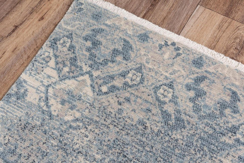 5' X 8' Beige Gray And Blue Wool Oriental Hand Carved Handmade Area Rug