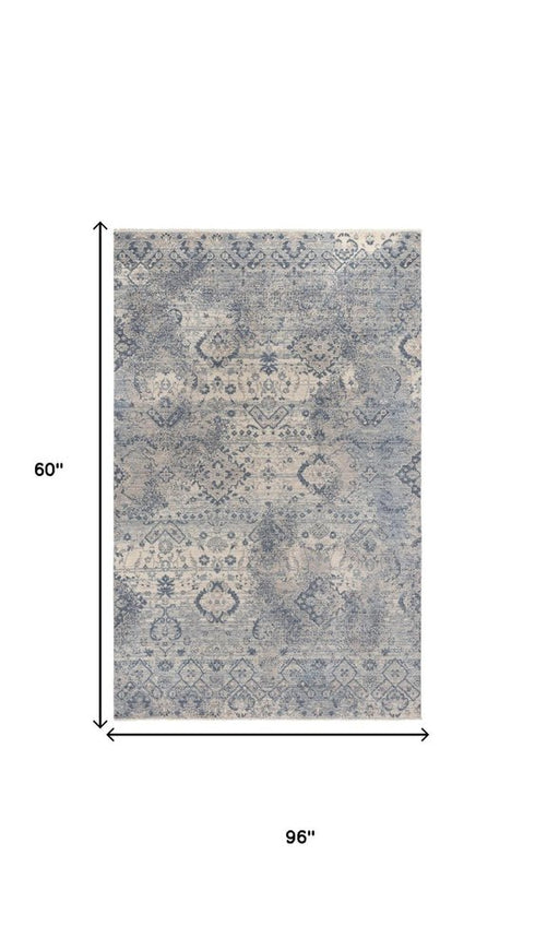 5' X 8' Beige Gray And Blue Wool Oriental Hand Carved Handmade Area Rug
