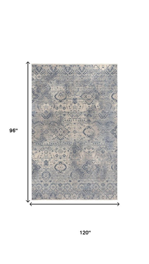 8' X 10' Beige Gray And Blue Wool Oriental Hand Carved Handmade Area Rug
