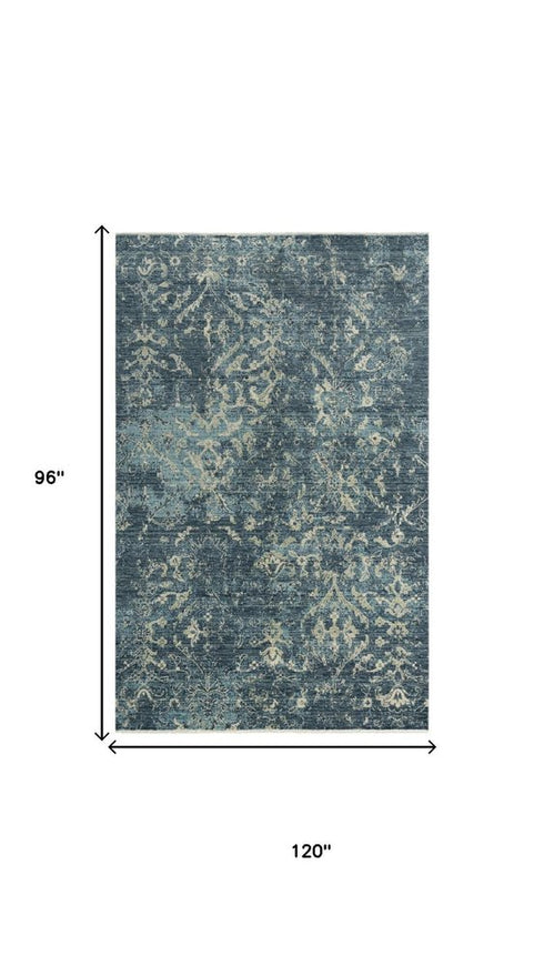 8' X 10' Blue Gray And Ivory Wool Oriental Hand Carved Handmade Area Rug
