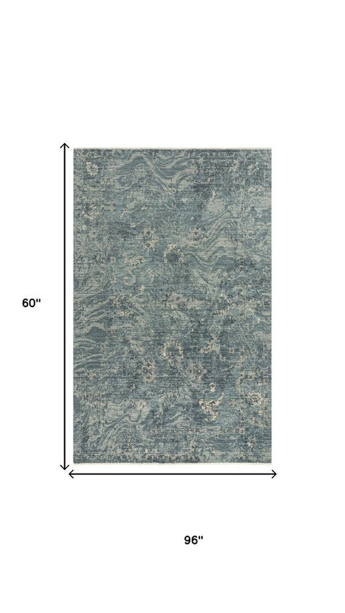 5' X 8' Blue Gray And Ivory Wool Abstract Hand Carved Handmade Area Rug