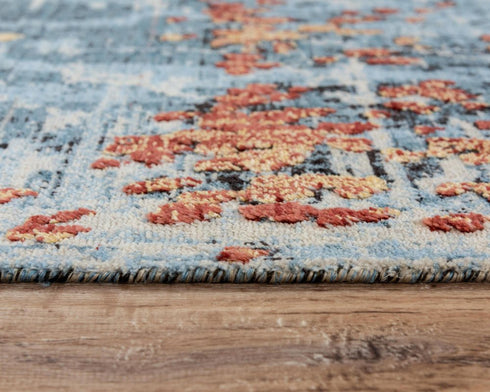 5' X 8' Blue Apricot And Ivory New Zealand Lambs Wool Abstract Hand Carved Handmade Area Rug