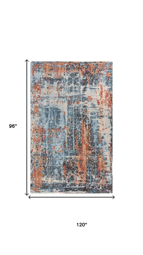 8' X 10' Blue Apricot And Ivory New Zealand Lambs Wool Abstract Hand Carved Handmade Area Rug