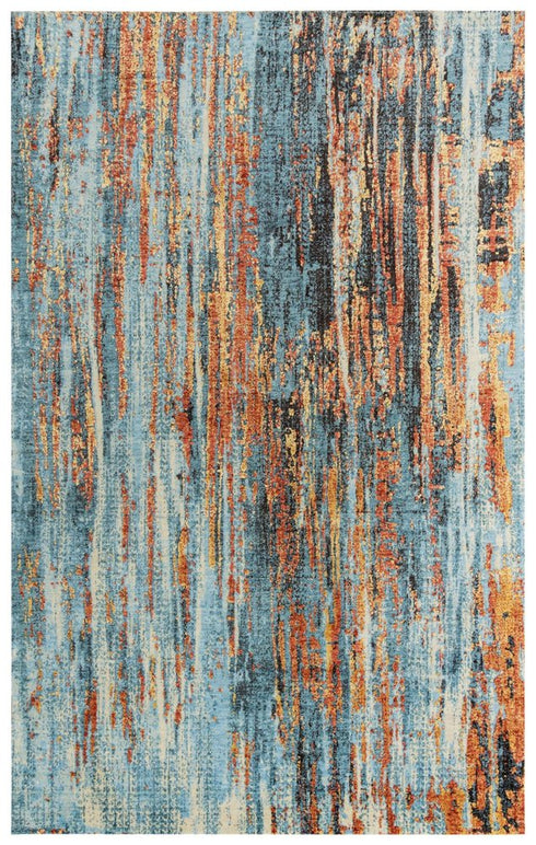 5' X 8' Blue And Apricot New Zealand Lambs Wool Abstract Hand Carved Handmade Area Rug