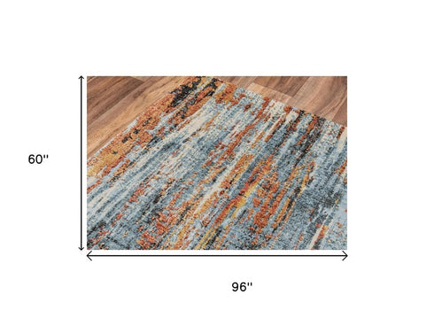 5' X 8' Blue And Apricot New Zealand Lambs Wool Abstract Hand Carved Handmade Area Rug