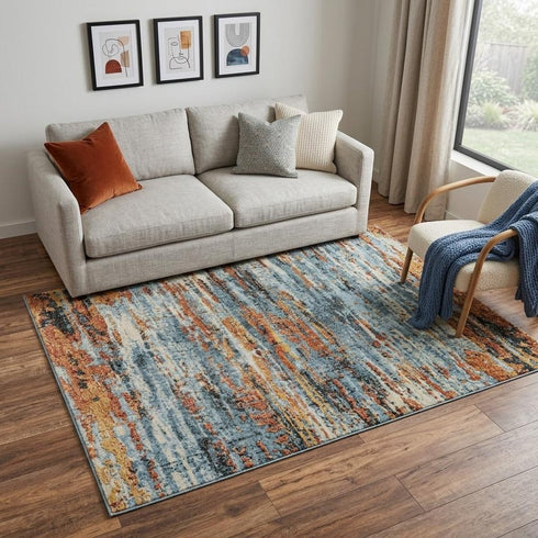 5' X 8' Blue And Apricot New Zealand Lambs Wool Abstract Hand Carved Handmade Area Rug