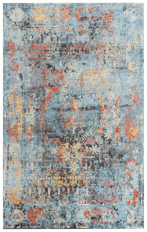 5' X 8' Blue Copper And Beige New Zealand Lambs Wool Abstract Hand Carved Handmade Area Rug