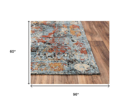 5' X 8' Blue Copper And Beige New Zealand Lambs Wool Abstract Hand Carved Handmade Area Rug