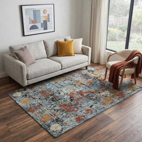 5' X 8' Blue Copper And Beige New Zealand Lambs Wool Abstract Hand Carved Handmade Area Rug