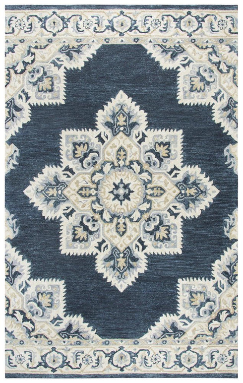 5' X 8' Dark Blue Natural Gray And Tan Wool Medallion Hand Tufted Area Rug