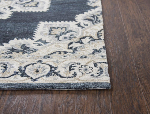 5' X 8' Dark Blue Natural Gray And Tan Wool Medallion Hand Tufted Area Rug