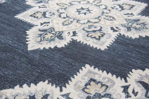 5' X 8' Dark Blue Natural Gray And Tan Wool Medallion Hand Tufted Area Rug