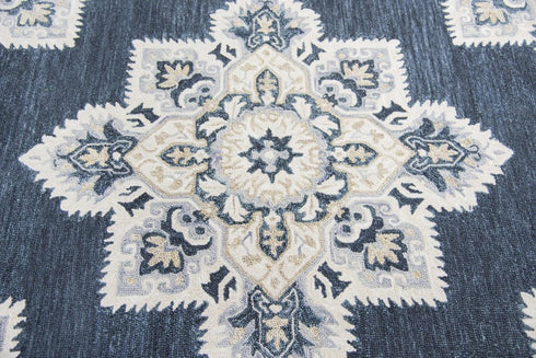 5' X 8' Dark Blue Natural Gray And Tan Wool Medallion Hand Tufted Area Rug