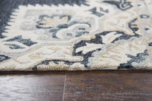 5' X 8' Dark Blue Natural Gray And Tan Wool Medallion Hand Tufted Area Rug
