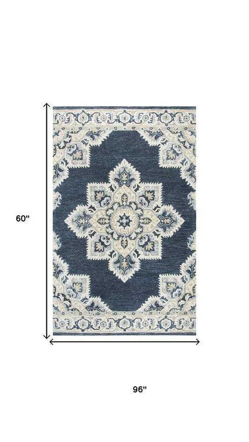5' X 8' Dark Blue Natural Gray And Tan Wool Medallion Hand Tufted Area Rug