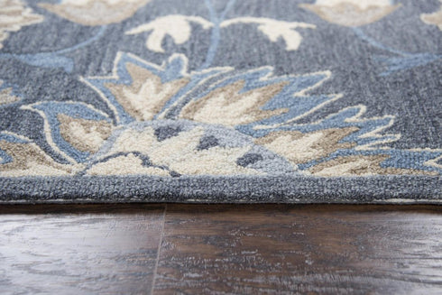 5' X 8' Dark Gray Blue And Tan Wool Floral Hand Tufted Area Rug