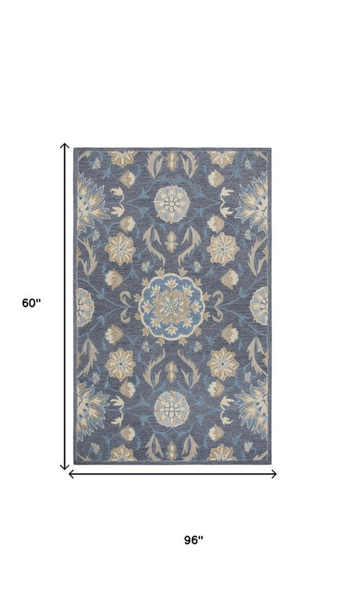 5' X 8' Dark Gray Blue And Tan Wool Floral Hand Tufted Area Rug