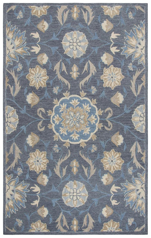 9' X 12' Dark Gray Blue And Tan Wool Floral Hand Tufted Area Rug