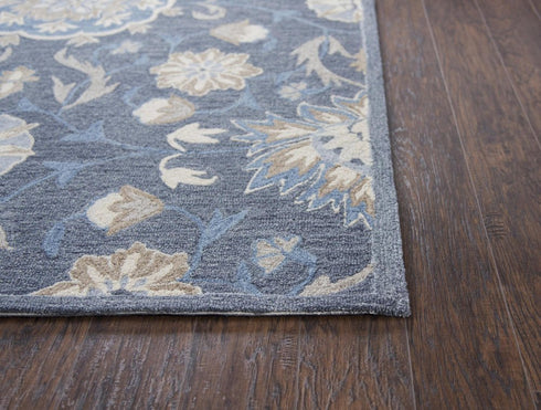 9' X 12' Dark Gray Blue And Tan Wool Floral Hand Tufted Area Rug