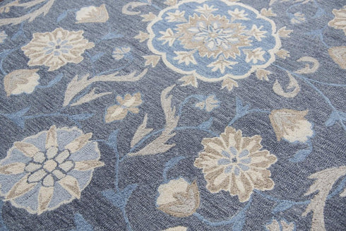9' X 12' Dark Gray Blue And Tan Wool Floral Hand Tufted Area Rug