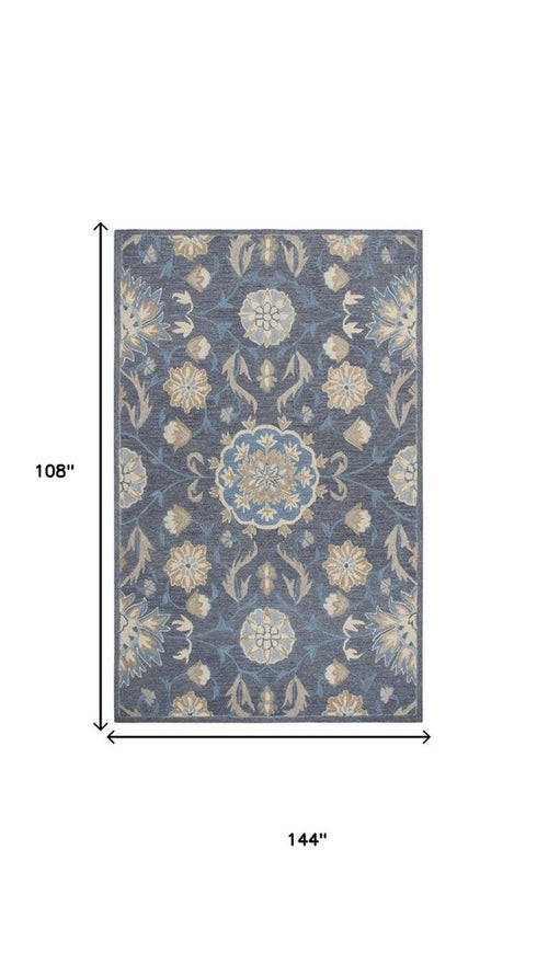 9' X 12' Dark Gray Blue And Tan Wool Floral Hand Tufted Area Rug