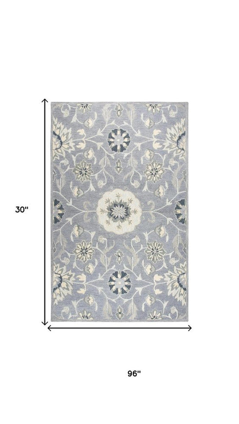 8' Gray Taupe And Tan Wool Floral Hand Tufted Area Rug