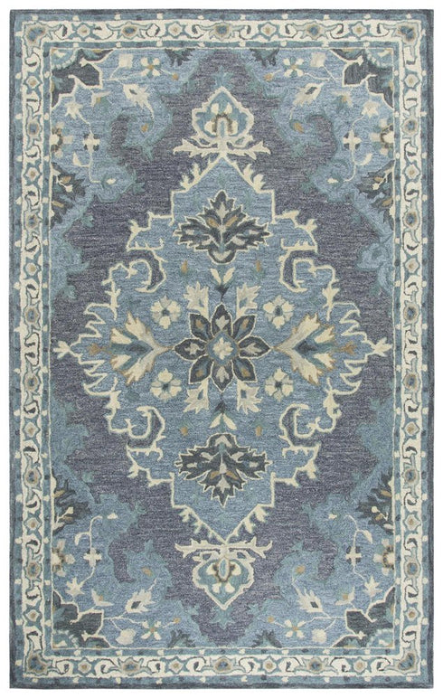 5' X 8' Dark Gray Blue Gray Natural And Ivory Wool Medallion Hand Tufted Area Rug