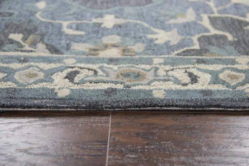 5' X 8' Dark Gray Blue Gray Natural And Ivory Wool Medallion Hand Tufted Area Rug