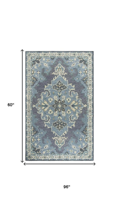 5' X 8' Dark Gray Blue Gray Natural And Ivory Wool Medallion Hand Tufted Area Rug