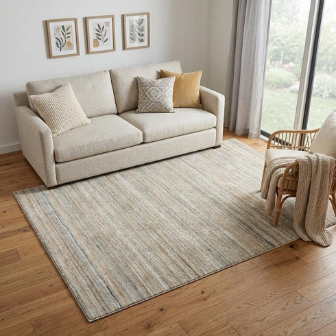 5' X 8' Beige Brown Black Ivory And Light Gray Striped Hand Tufted Area Rug