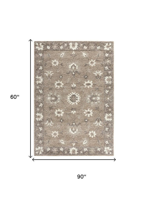 5' X 8' Brown And Ivory Wool Oriental Hand Tufted Area Rug