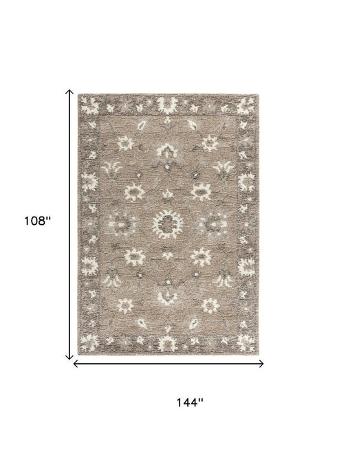 9' X 12' Brown And Ivory Wool Oriental Hand Tufted Area Rug