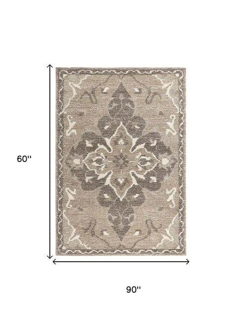 5' X 8' Brown And Ivory Wool Medallion Hand Tufted Area Rug