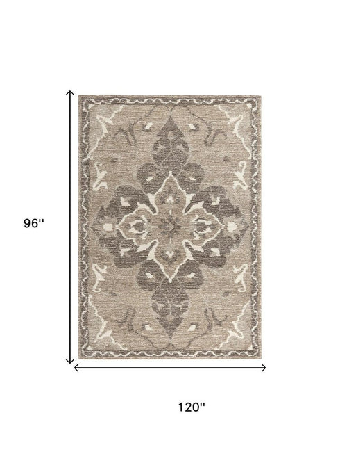 8' X 10' Brown And Ivory Wool Medallion Hand Tufted Area Rug