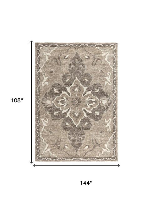 9' X 12' Brown And Ivory Wool Medallion Hand Tufted Area Rug