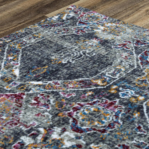 8' Gray Ivory Dark Blue Blue And Orange Oriental Hand Carved Handmade Area Rug