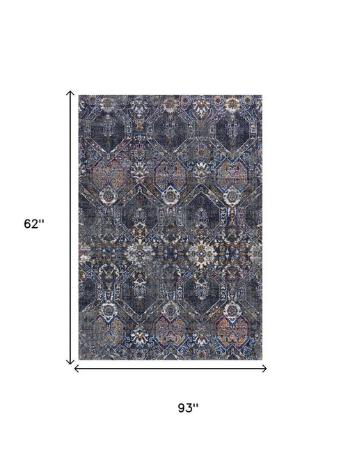 5' X 8' Gray Ivory Dark Blue Blue And Orange Oriental Hand Carved Handmade Area Rug