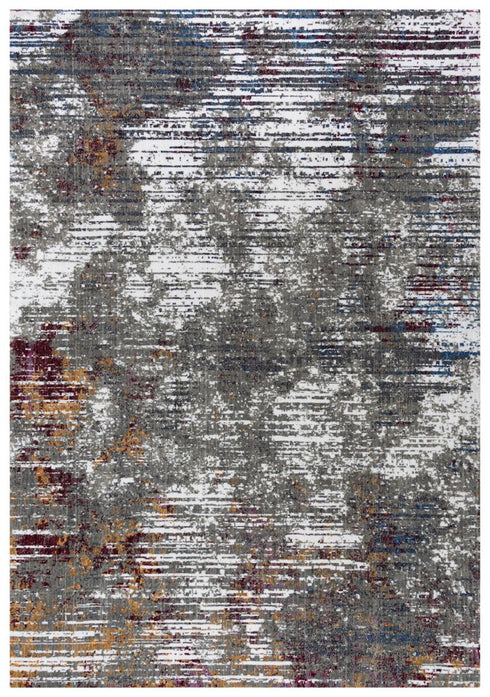 8' Gray Burgundy Orange Blue And Ivory Abstract Hand Carved Handmade Area Rug