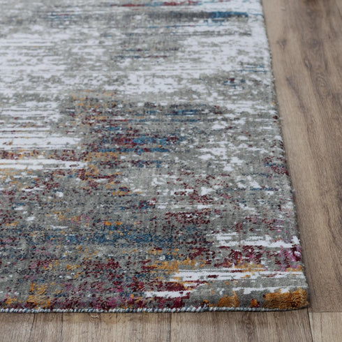 8' Gray Burgundy Orange Blue And Ivory Abstract Hand Carved Handmade Area Rug