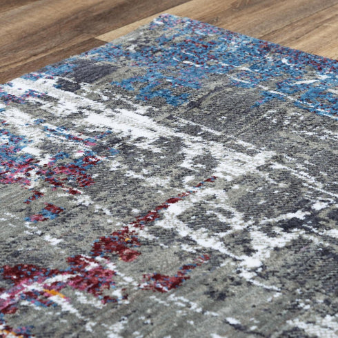 8' Gray Blue Pink Ivory And Orange Abstract Hand Carved Handmade Area Rug