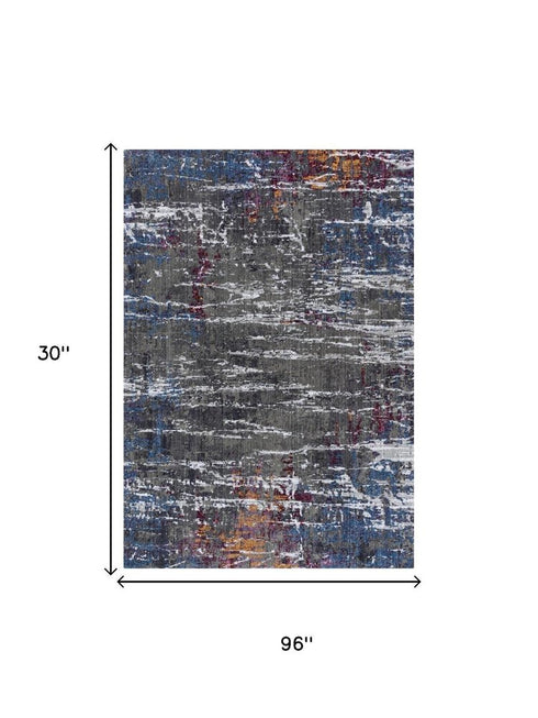 8' Gray Blue Pink Ivory And Orange Abstract Hand Carved Handmade Area Rug