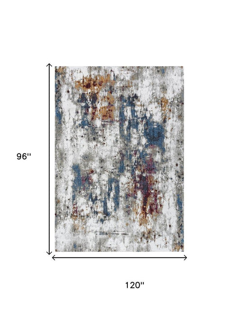8' X 10' Cream And Blue Abstract Hand Carved Handmade Area Rug