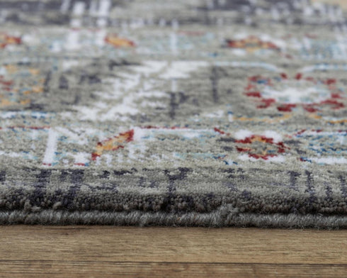 8' Gray Red Blue Orange And Ivory Medallion Hand Carved Handmade Area Rug