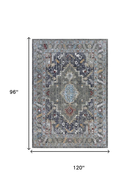 8' X 10' Gray Red Blue Orange And Ivory Medallion Hand Carved Handmade Area Rug