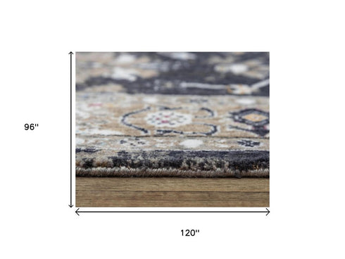 8' X 10' Dark Gray Blue Red Orange And Ivory Medallion Hand Carved Handmade Area Rug