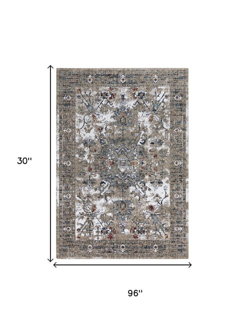 8' Gray Blue Orange Red And Ivory Medallion Hand Carved Handmade Area Rug