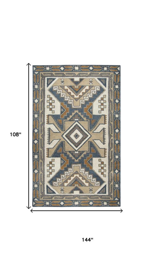 9' X 12' Gray And Tan Wool Tribal Hand Tufted Area Rug