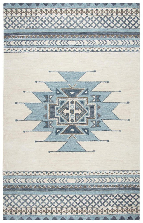 5' X 8' Blue And Ivory Wool Tribal Hand Tufted Area Rug